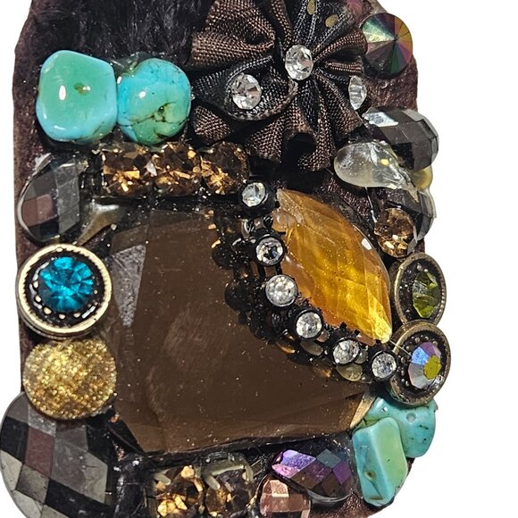 Handcrafted Statement Brooch Pin Turquoise Rhinestones Gemstones Feathers Women - Picture 2 of 6